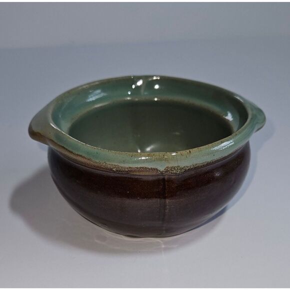 Vintage Brown Glazed Pottery Small Dish Bowl Turquoise Handles & Interior - Picture 2 of 7